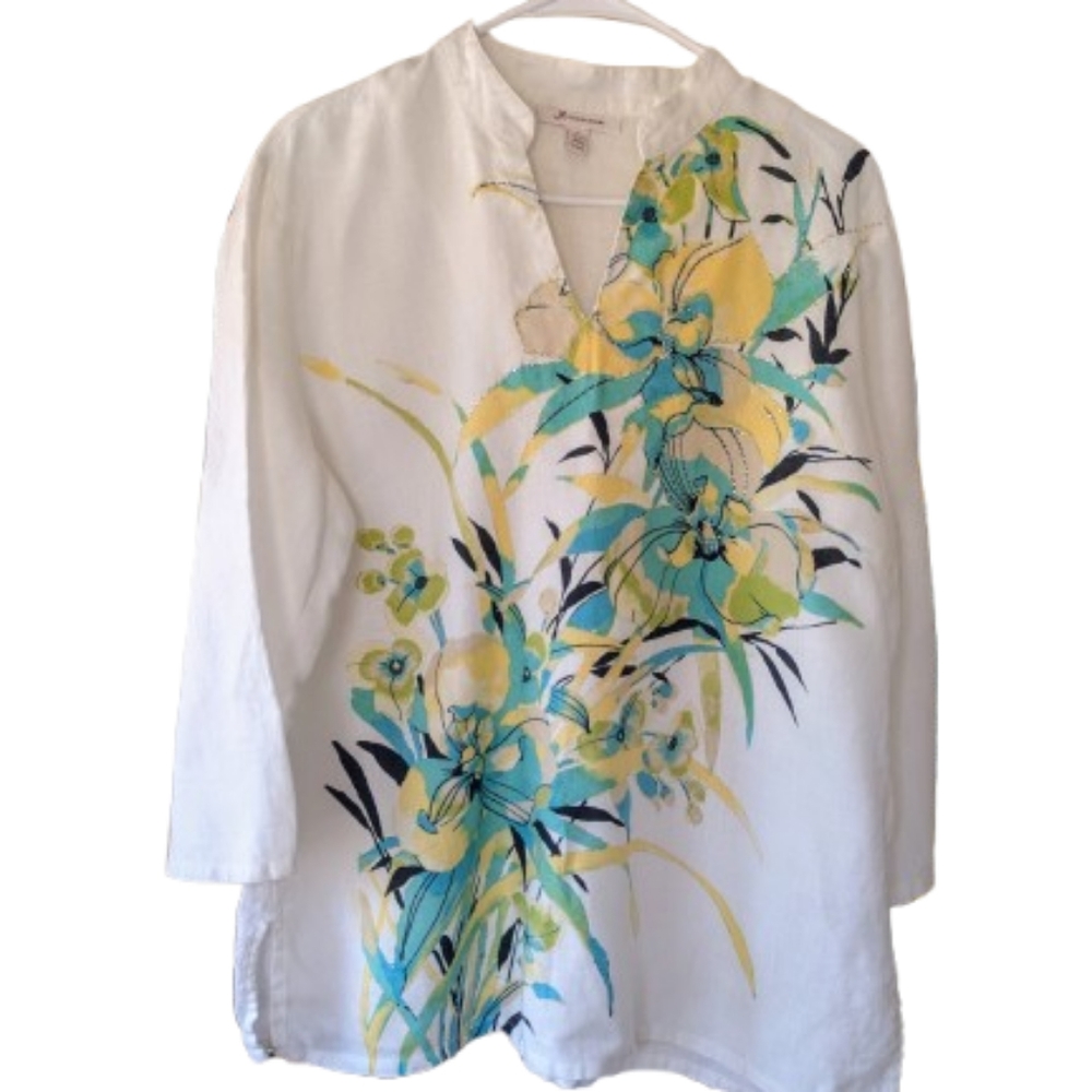 100% Linen Tunic Top Size 12 Artsy JM Collection Teal Yellow Sequin